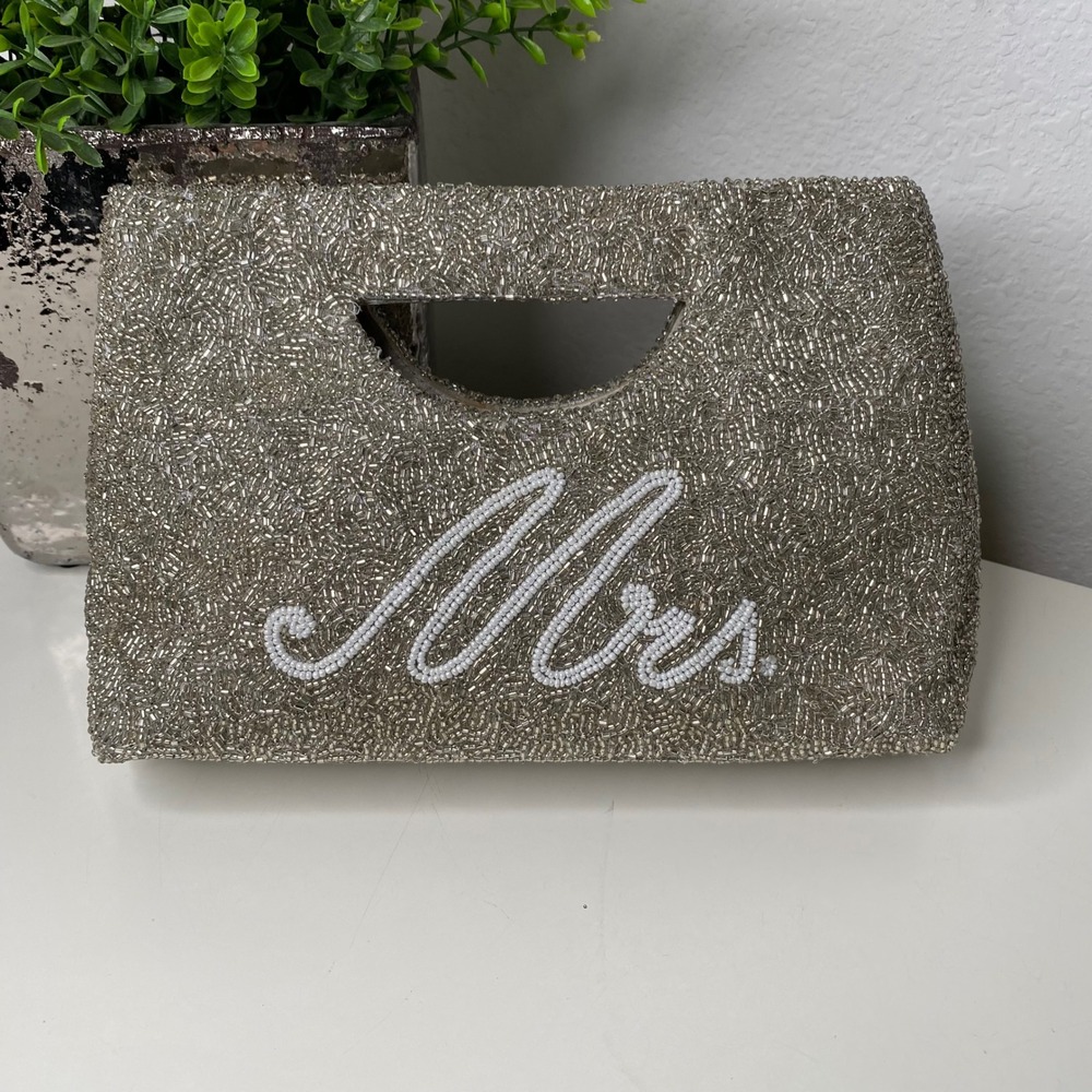 Tiana NY Silver Beaded "Mrs"‎ Clutch Wedding Bridal Evening Bag Cutout Handle